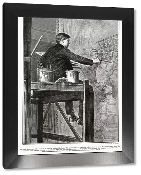 Artist Frank Brangwyn painting a panel at the Royal Exchange, London, representing commerce. Date: 1903
