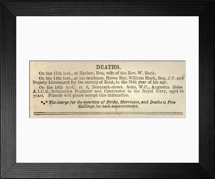 Framed Print : Obituary 20th April 1872 Framed Print : Obituary 20th April 1872