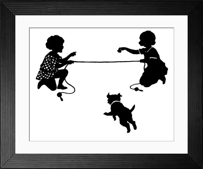 Framed Print : Girls & dog with skipping rope Framed Print : Girls & dog with skipping rope