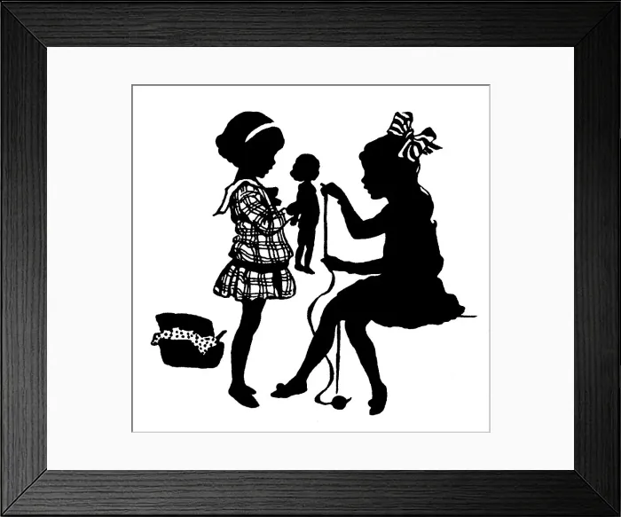 Framed Print : 1920 Girls Making Dolls Clothes Silhouette Depicting Framed Print : 1920 Girls Making Dolls Clothes Silhouette Depicting