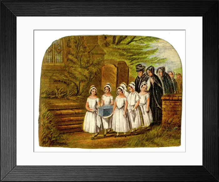 Framed Print : Baby's funeral coffin carried by young girls in white