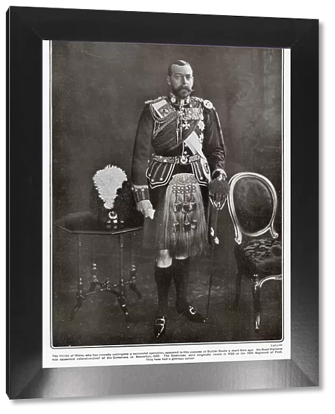 George, Prince of Wales (later King George V), as Colonel of the Cameron Highlanders in costume, at Dublin Castle. Appointed colonel-in-chief of the Camerons in November 1902. Date: 1905