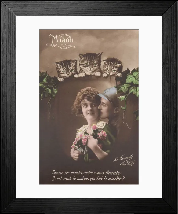 Framed Print : French postcard, soldier and sweetheart with cats, WW1 Framed Print : French postcard, soldier and sweetheart with cats, WW1