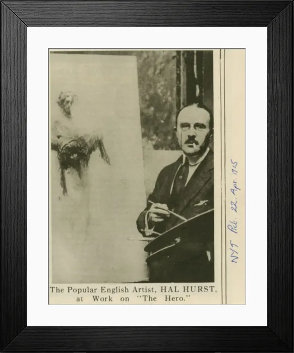 Framed Print : Hal Hurst working on a painting, The Hero, WW1 Framed Print : Hal Hurst working on a painting, The Hero, WW1