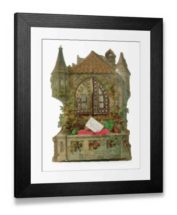 Framed Print : House and garden on a cutout German greetings card Framed Print : House and garden on a cutout German greetings card