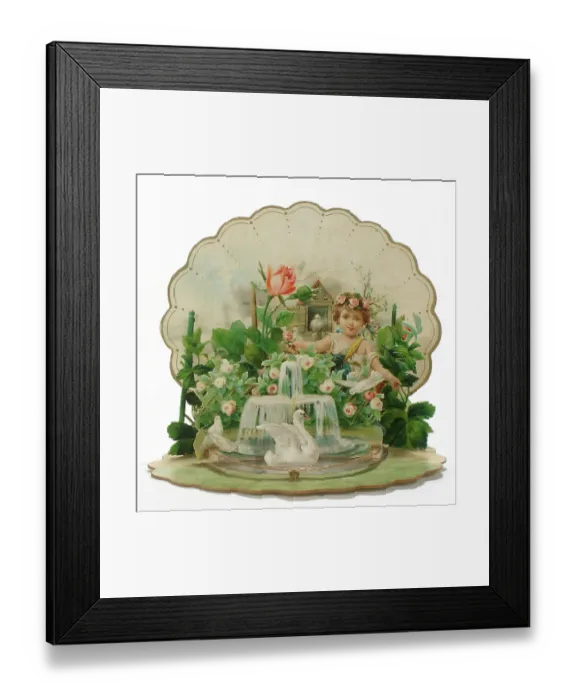 Framed Print : Cherub in a garden on a Spanish greetings card Framed Print : Cherub in a garden on a Spanish greetings card