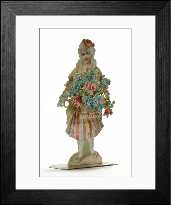 Framed Print : Lady with pink and blue flowers on a greetings card Framed Print : Lady with pink and blue flowers on a greetings card