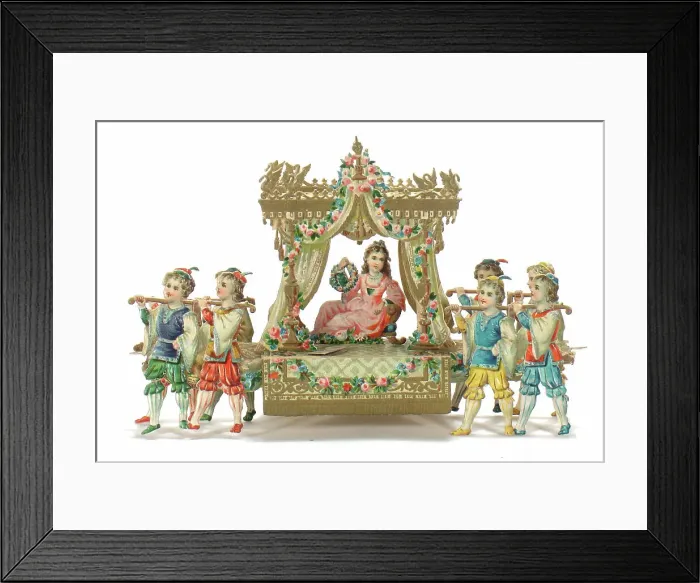 Framed Print : Lady carried by attendants on a Victorian greetings card Framed Print : Lady carried by attendants on a Victorian greetings card