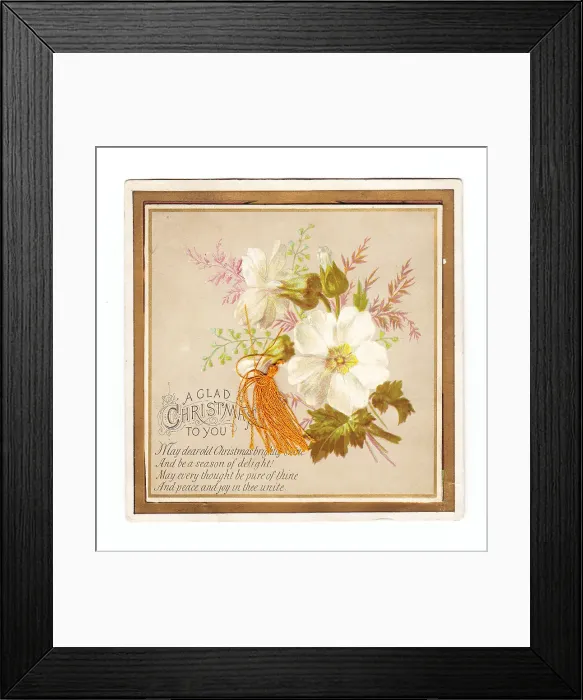 Framed Print : White flowers with orange tassel on a Christmas card Framed Print : White flowers with orange tassel on a Christmas card