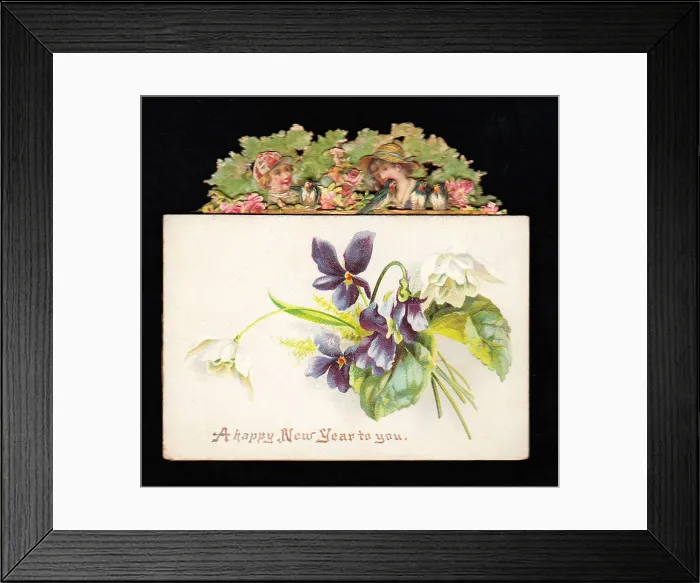 Framed Print : White and purple flowers on a New Year card Framed Print : White and purple flowers on a New Year card
