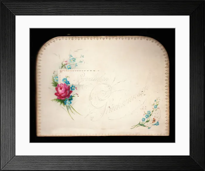 Framed Print : Pink and blue flowers on a German greetings card Framed Print : Pink and blue flowers on a German greetings card