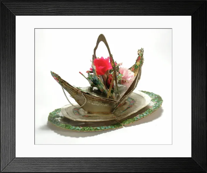 Framed Print : Boat with flowers on a German greetings card Framed Print : Boat with flowers on a German greetings card