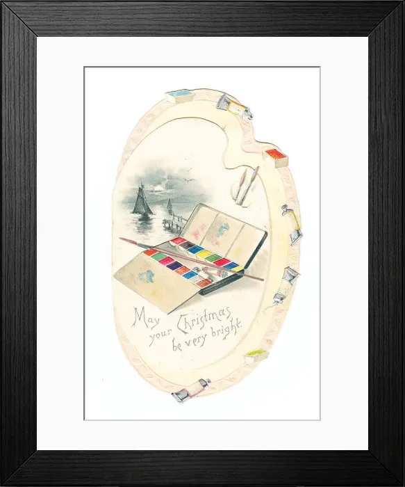 Framed Print : Palette-shaped Christmas card with an open paintbox Framed Print : Palette-shaped Christmas card with an open paintbox