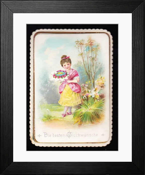 Framed Print : Girl with of flowers on a German greetings card Framed Print : Girl with of flowers on a German greetings card