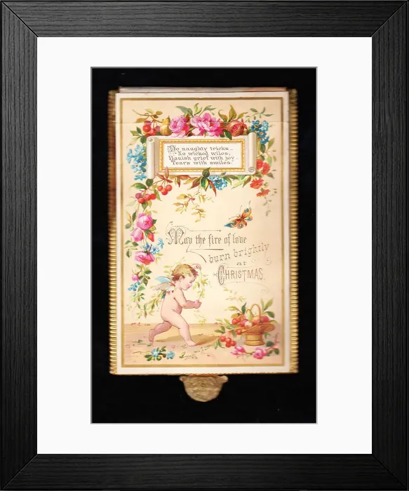 Framed Print : Cherub with fruit and flowers on a Christmas card Framed Print : Cherub with fruit and flowers on a Christmas card