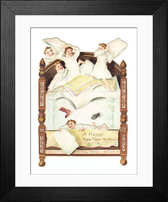 Framed Print : Five boys pillow fighting on a cutout New Year card Framed Print : Five boys pillow fighting on a cutout New Year card