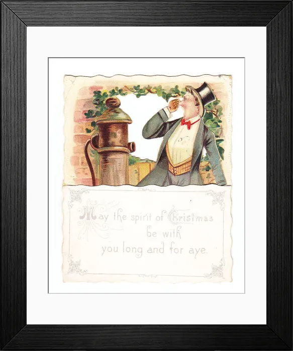 Framed Print : Man with water pump on a comic Christmas card Framed Print : Man with water pump on a comic Christmas card