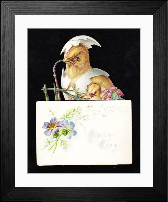 Framed Print : German Easter card with chicks and eggshells Framed Print : German Easter card with chicks and eggshells