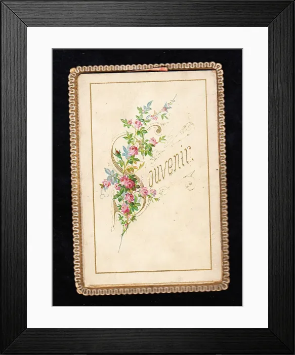 Framed Print : Pink flowers on a Souvenir greetings card Framed Print : Pink flowers on a Souvenir greetings card