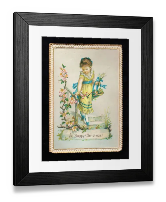 Framed Print : Little girl in a garden with flowers on a Christmas card Framed Print : Little girl in a garden with flowers on a Christmas card