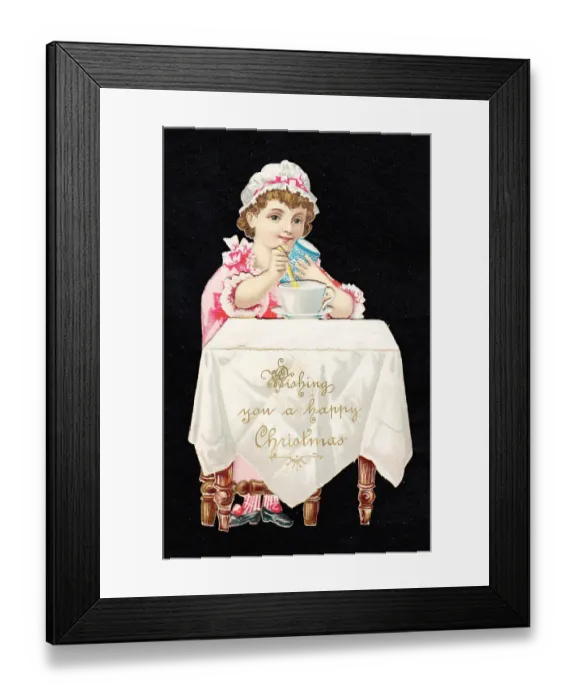 Framed Print : Little girl at a table on a cutout Christmas card Framed Print : Little girl at a table on a cutout Christmas card