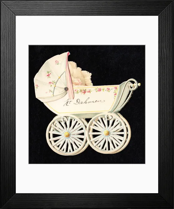 Framed Print : Baby in a pram on a cutout greetings card Framed Print : Baby in a pram on a cutout greetings card