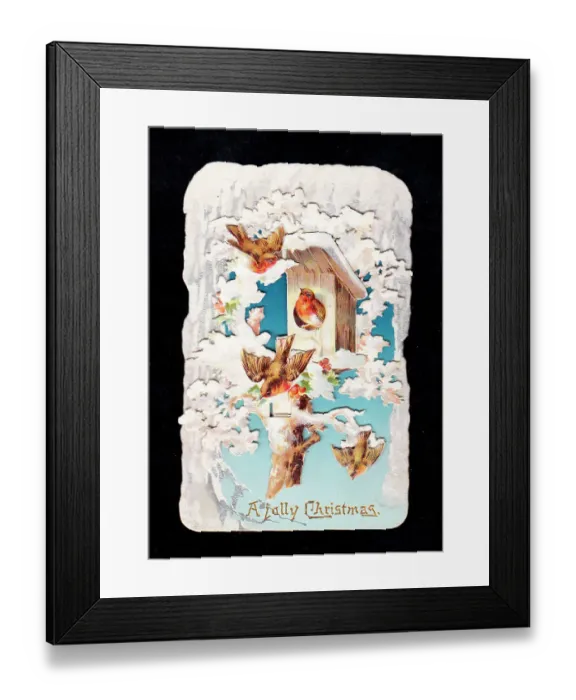 Framed Print : Robins and birdbox in the snow on a cutout Christmas card Framed Print : Robins and birdbox in the snow on a cutout Christmas card