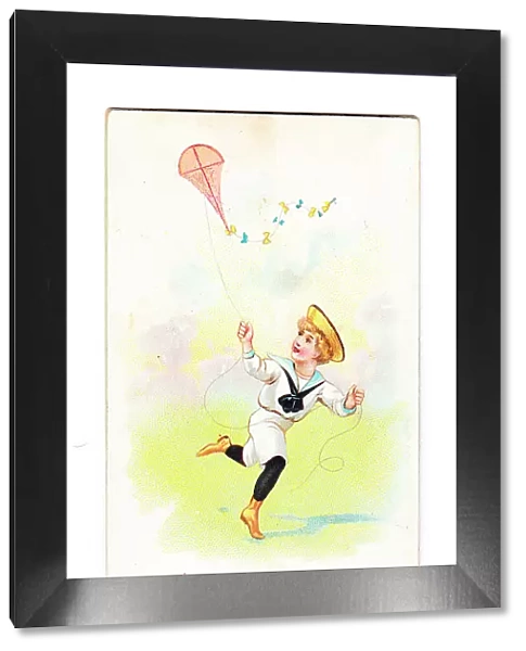 Boy flying a kite on a greetings card
