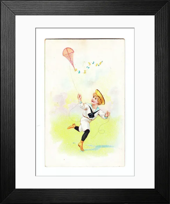 Framed Print : Boy flying a kite on a greetings card Framed Print : Boy flying a kite on a greetings card