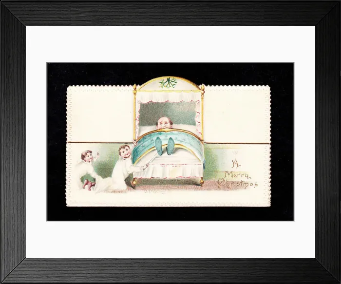 Framed Print : Two boys tickling a man's feet on a Christmas card Framed Print : Two boys tickling a man's feet on a Christmas card