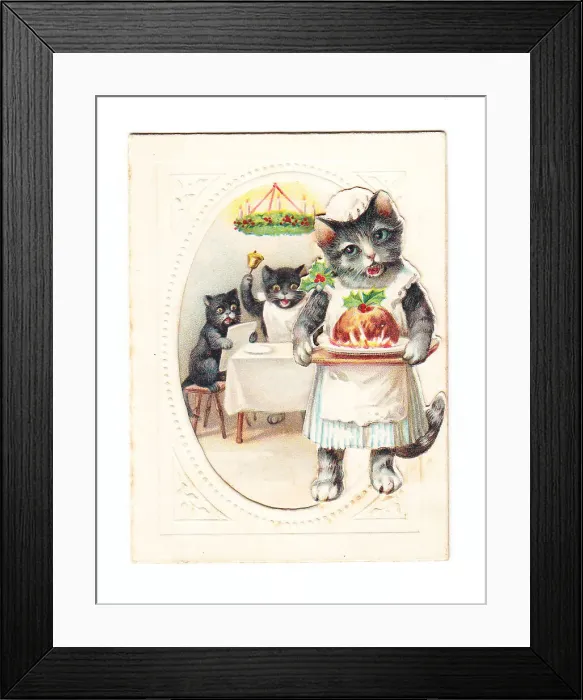 Framed Print : Three cats with pudding on a Christmas card Framed Print : Three cats with pudding on a Christmas card