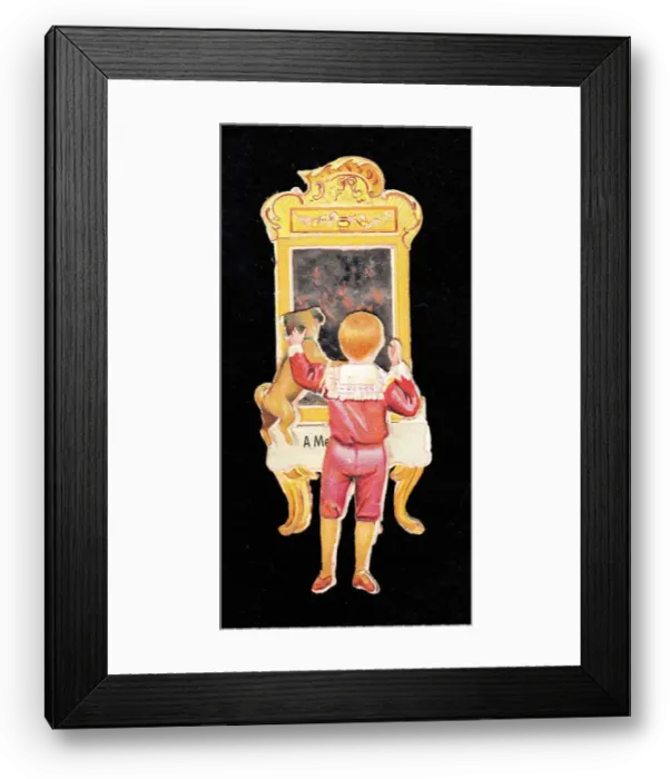 Framed Print : Boy with dog and mirror on a cutout greetings card Framed Print : Boy with dog and mirror on a cutout greetings card