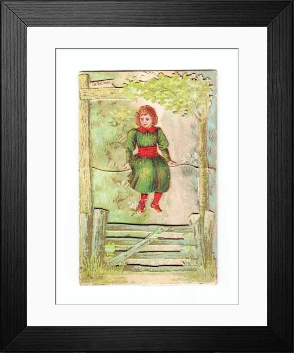 Framed Print : Girl and five-bar gate on a greetings card Framed Print : Girl and five-bar gate on a greetings card