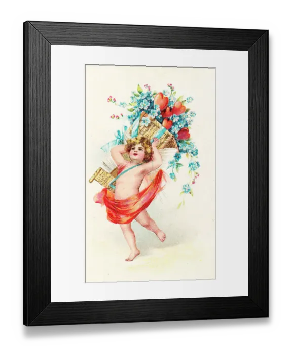 Framed Print : Cupid with hearts and flowers on a Valentine postcard Framed Print : Cupid with hearts and flowers on a Valentine postcard