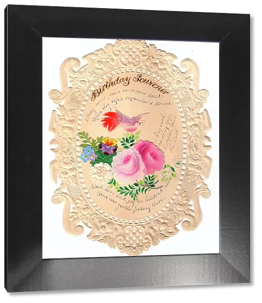 Flowers and bird on a paper lace birthday card