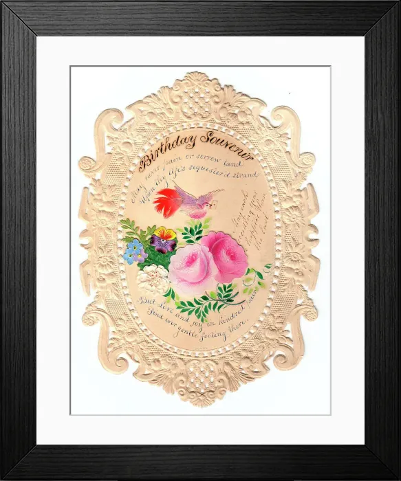 Framed Print : Flowers and bird on a paper lace birthday card Framed Print : Flowers and bird on a paper lace birthday card