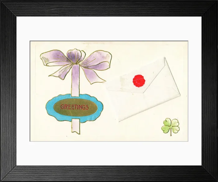 Framed Print : Envelope with red seal on a greetings postcard Framed Print : Envelope with red seal on a greetings postcard