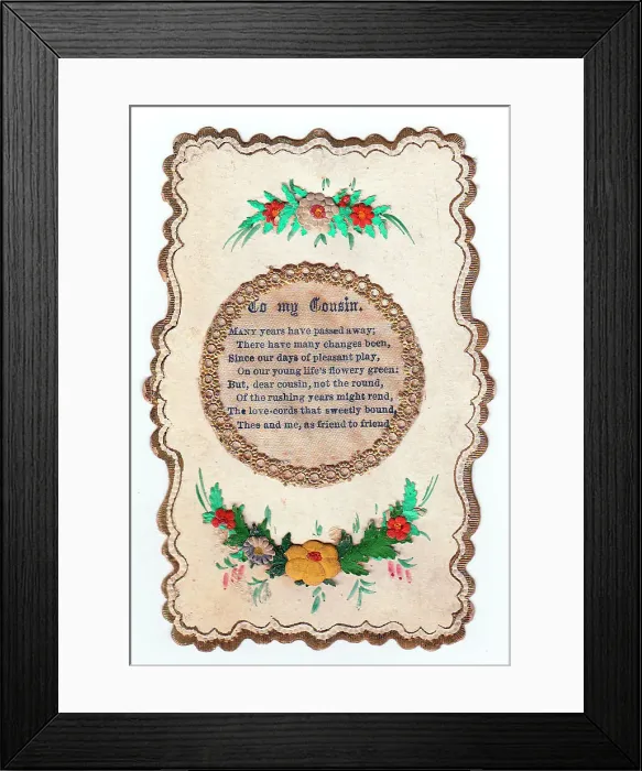 Framed Print : Flowers and verse on a greetings card to a cousin Framed Print : Flowers and verse on a greetings card to a cousin