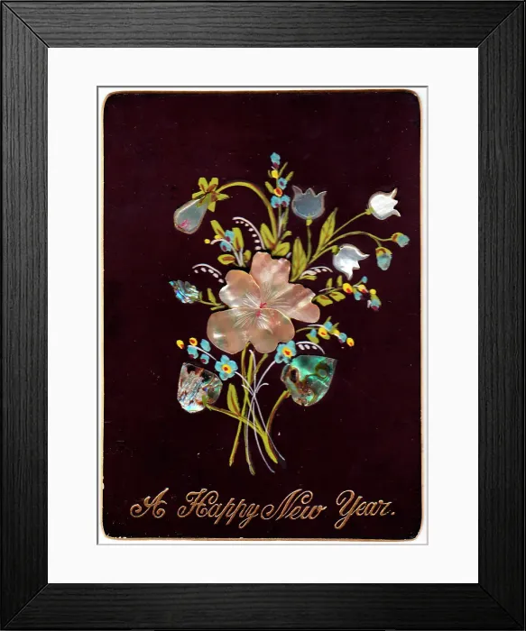Framed Print : Spray of flowers made of shiny material on a New Year card Framed Print : Spray of flowers made of shiny material on a New Year card