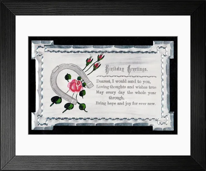 Framed Print : Pink roses on a birthday greetings card made of metal Framed Print : Pink roses on a birthday greetings card made of metal