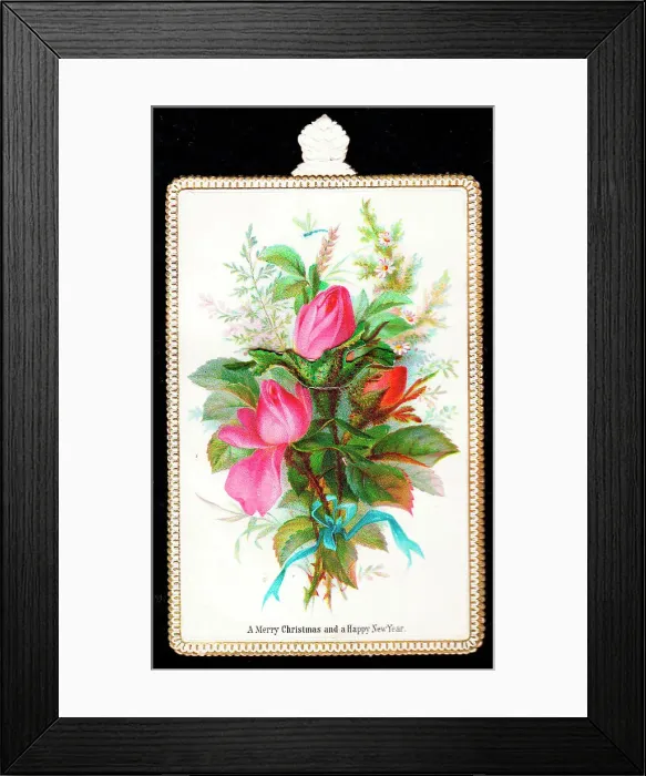 Framed Print : Pink roses on a Christmas and New Year card Framed Print : Pink roses on a Christmas and New Year card