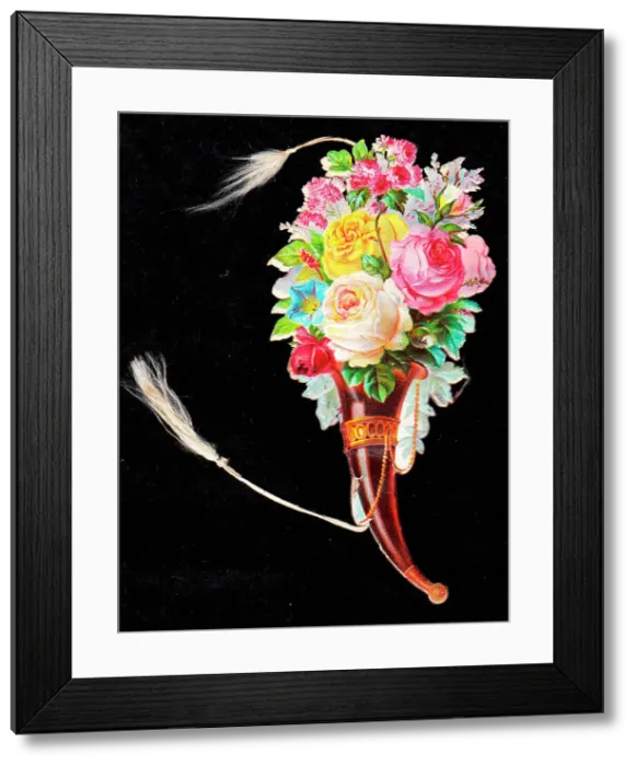 Framed Print : Cutout greetings card, cornucopia of flowers with tassels Framed Print : Cutout greetings card, cornucopia of flowers with tassels