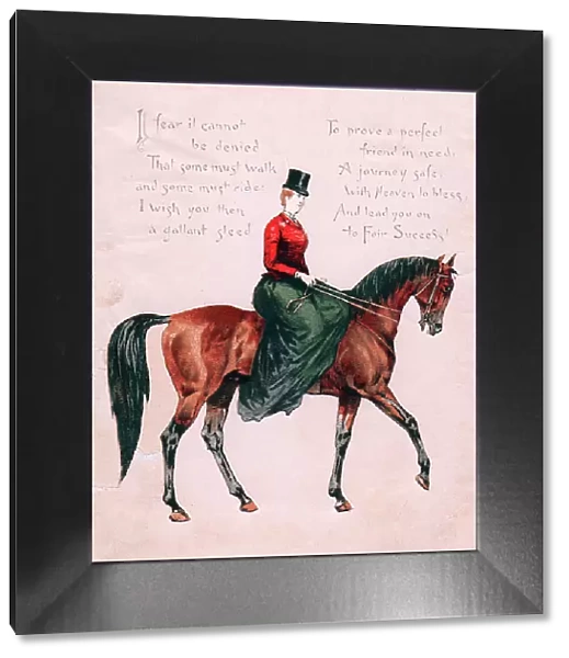 Woman riding a horse on a greetings card