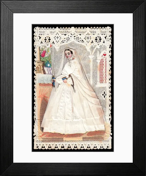 Framed Print : Lady in communion dress on a lacy greetings card Framed Print : Lady in communion dress on a lacy greetings card
