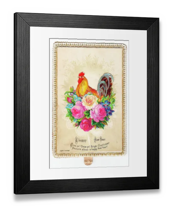 Framed Print : Cockerel with assorted flowers on a New Year card Framed Print : Cockerel with assorted flowers on a New Year card