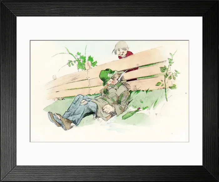 Framed Print : Comic postcard -- boy and sleeping tramp Framed Print : Comic postcard -- boy and sleeping tramp