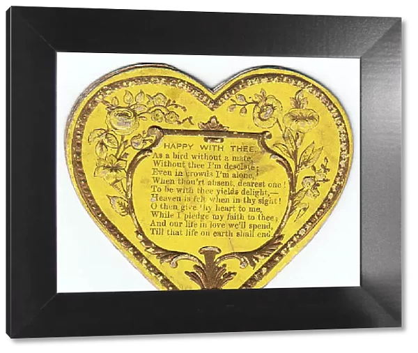 Flowers and verse on a yellow heart-shaped Valentine card