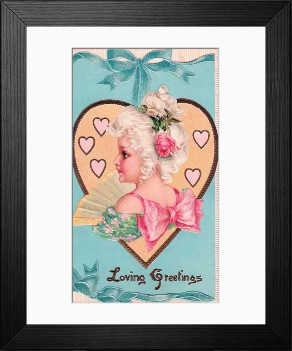 Framed Print : Lady with a fan and hearts on a Valentine card Framed Print : Lady with a fan and hearts on a Valentine card