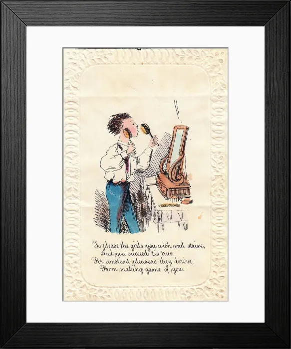 Framed Print : Vain man at a mirror on a comic greetings card Framed Print : Vain man at a mirror on a comic greetings card