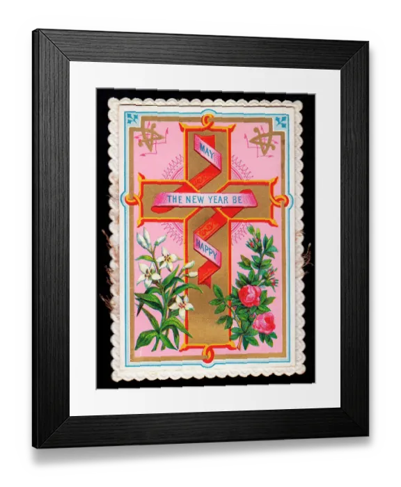 Framed Print : Cross and flowers on a New Year card Framed Print : Cross and flowers on a New Year card